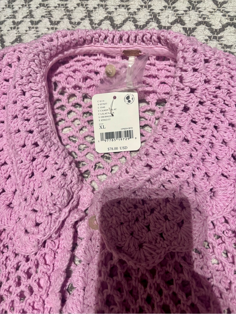 Free People Lily Crochet Top Embroidered Buttonddown Candy Lilac Cropped XL NEW - Picture 6 of 8